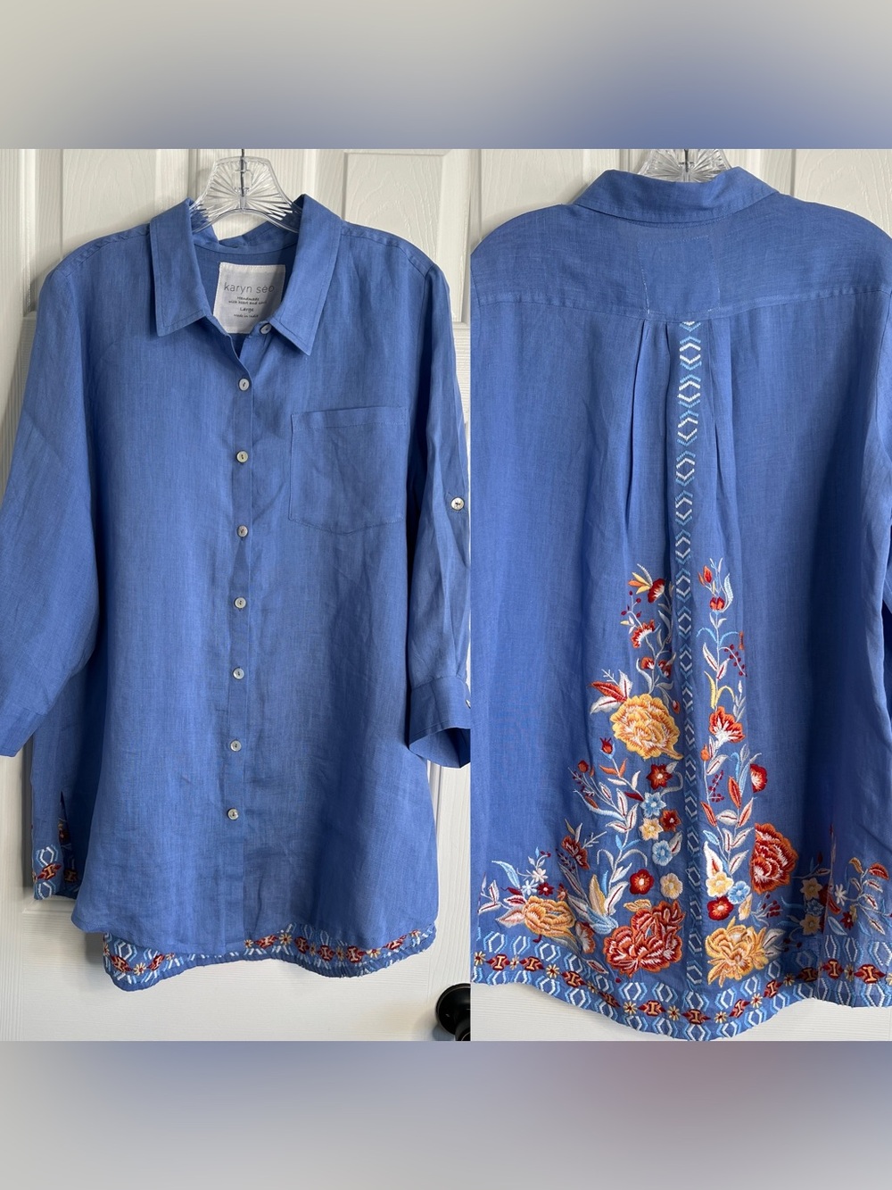 Karyn Seo 100% linen with floral embroidery button down blue top Large